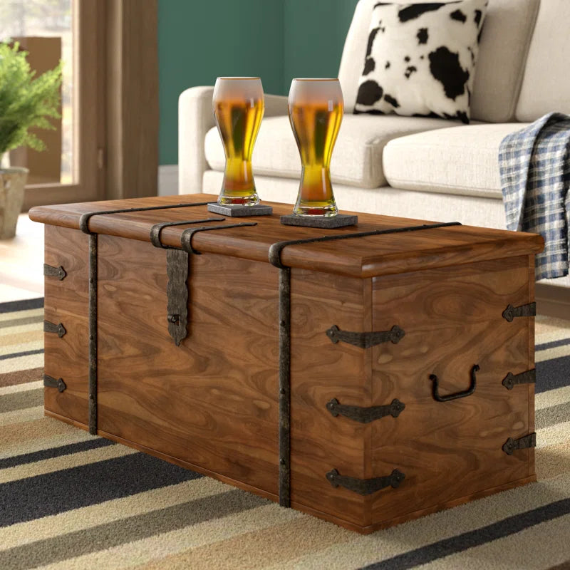 Solid Wood Chest Coffee Table with Storage, Rustic Acacia Trunk Design
