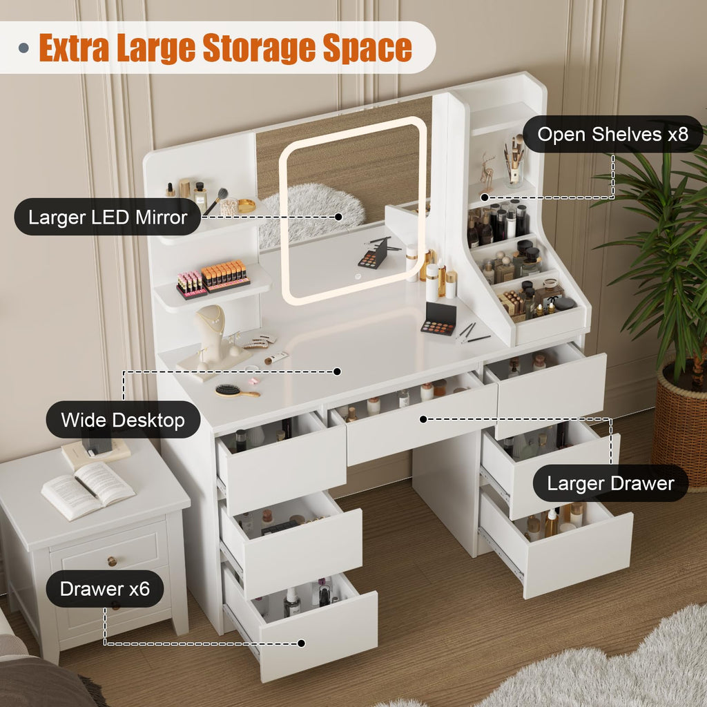Dressing Table with Large Lighted Mirror, 7 Drawers, 4 Shelves & 3 Open Compartments, Modern White Vanity Desk