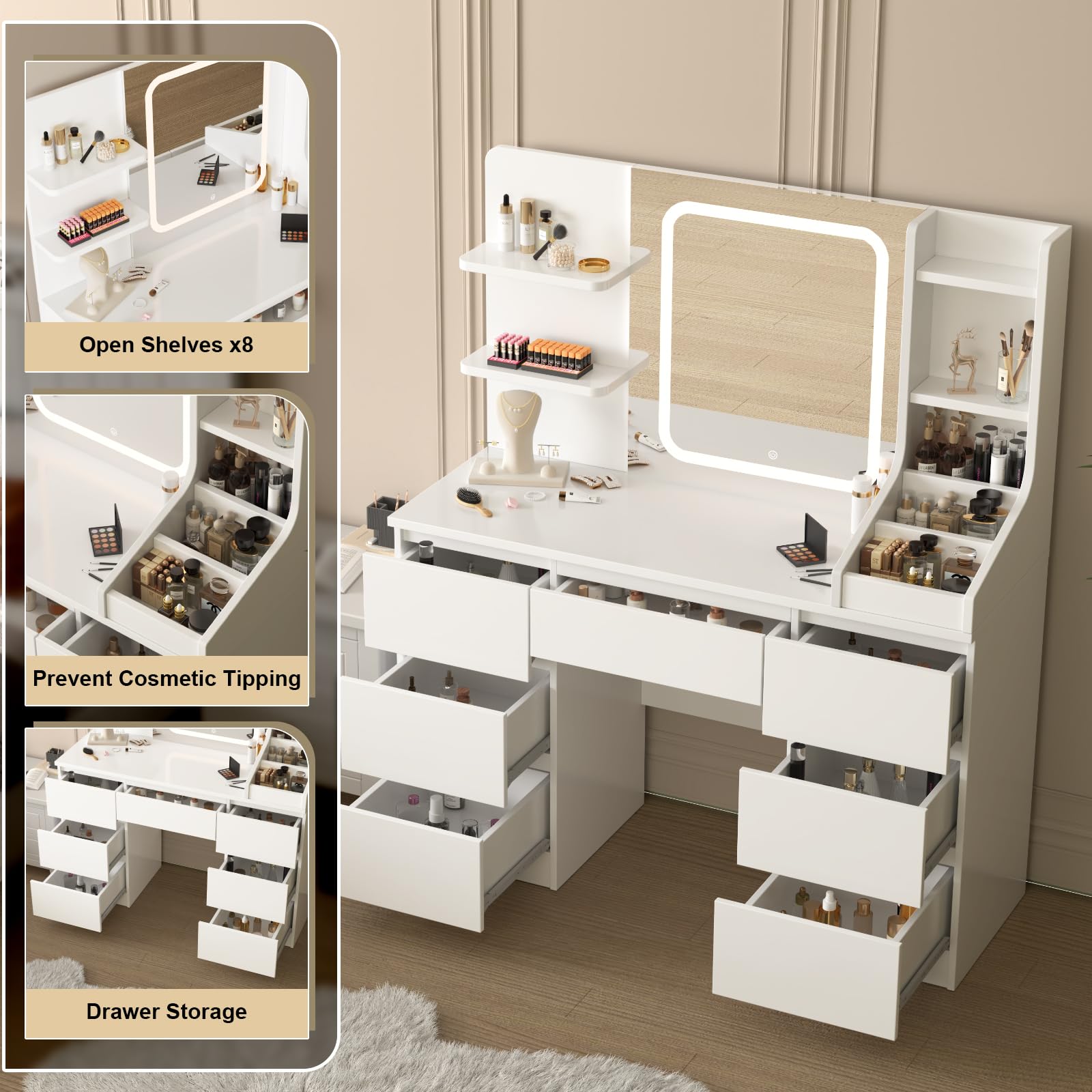 Dressing Table with Large Lighted Mirror, 7 Drawers, 4 Shelves & 3 Open Compartments, Modern White Vanity Desk