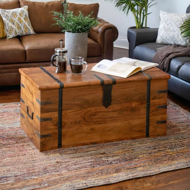 Solid Wood Chest Coffee Table with Storage, Rustic Acacia Trunk Design