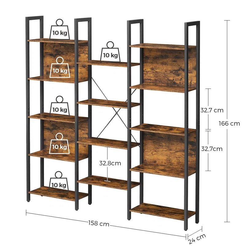 14-Tier Industrial Bookcase with Steel Frame, Large Open Shelving Unit